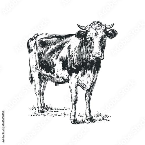 Pied Dairy Cow Standing in Grassy Field