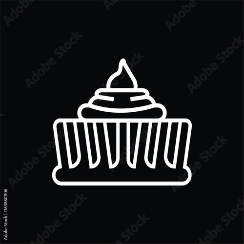 PrintA clean and modern white outline vector icon depicting a delicious cupcake or muffin topped with a generous swirl of frosting. This minimalist line art icon is designed for optimal visibility .