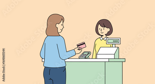 Empowering Consumer Experience: A Cheerful Customer Making a Card Payment at the Checkout Counter with a Friendly Cashier in a Bright Retail Environment, Perfect for Business and Marketing