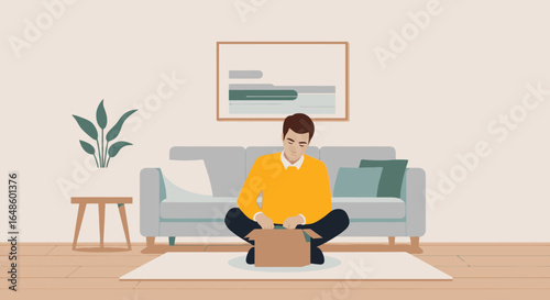 Exciting Home Unboxing Experience: A Young Man Joyfully Opening a Package in a Cozy Living Room Setting, Ideal for E-Commerce and Subscription Box Marketing Collateral