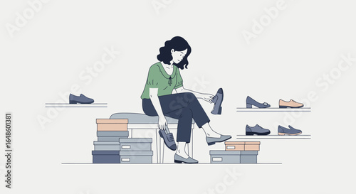 Fashionable Woman Trying on Shoes in a Modern Boutique Setting for a Trendy and Stylish Shopping Experience, Perfect for Retail Marketing and Online Fashion Campaigns Focused on Footwear