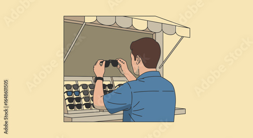 Man Examining Stylish Sunglasses at Vibrant Outdoor Stall While Shopping for Trendy Accessories on a Sunny Day - Ideal for Fashion, Retail, and Lifestyle Marketing Campaigns