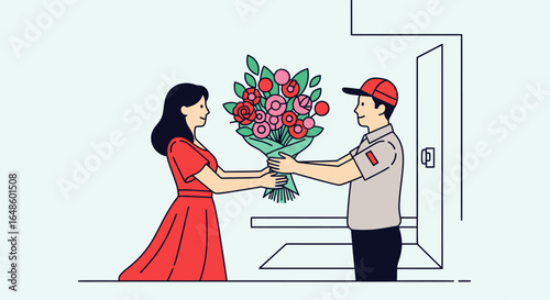Joyful Flower Delivery: A Smiling Woman Receives a Beautiful Bouquet from a Friendly Delivery Person at Her Doorstep, Perfect for Celebrations, Gifts, and Romantic Occasions in Modern Aesthetic
