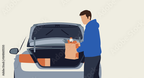 Man Loading Groceries into Car Trunk with Eco-Friendly Paper Bags for a Sustainable Shopping Experience Highlighting Modern Urban Lifestyle Choices in a Clean and Minimalistic Setting