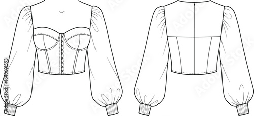 Women's Fashion Corset Style Crop Top Technical Flat Sketch with Puff Sleeves, Front and Back CAD Drawing