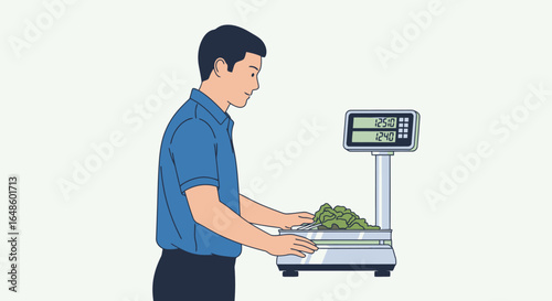 Professional Male Grocer Weighing Fresh Organic Greens on Digital Scale in a Clean, Modern Retail Environment - Perfect for Health and Wellness, Farm-to-Table, and Grocery Shopping Marketing Campaigns