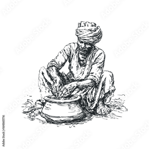 Indian Man Kneading Dough in Traditional Clothing