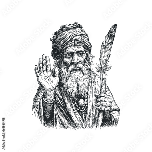 Wise old man with beard and turban holding a feather wand