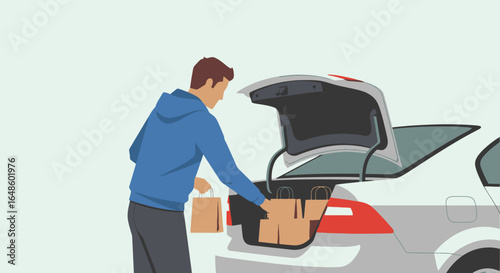 Young Man Unloading Groceries from Car Trunk: Modern Lifestyle Shopping Experience Illustrating Sustainable Practices for Health-Conscious Consumers