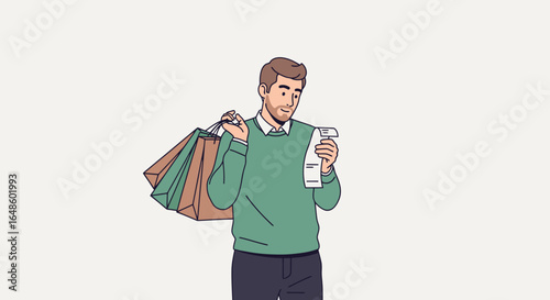 Young Man Reviewing Shopping Receipt with Eco-Friendly Bags After a Productive Day of Retail Therapy in a Minimalistic Setting, Ideal for E-commerce and Retail Industry Marketing Content