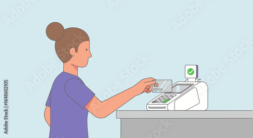 Young Woman Making a Secure Payment at a Modern Point of Sale Terminal in a Bright, Minimalist Retail Environment, Highlighting Efficient Transactions and Customer Satisfaction in an Innovative