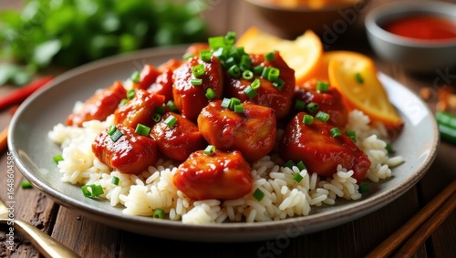 Orange chicken over rice garnished with spring onions.