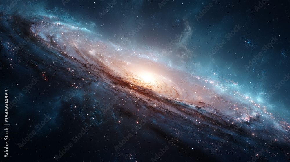 Fototapeta premium Spiral galaxy in deep space with glowing core and star-filled arms