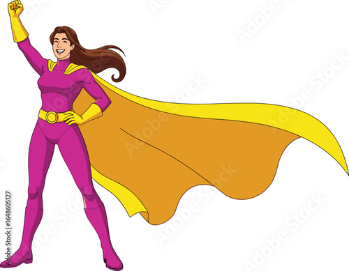 Smiling female superhero in pink costume, yellow cape, heroic pose, confident woman character, comic style illustration, empowered strong woman artwork design