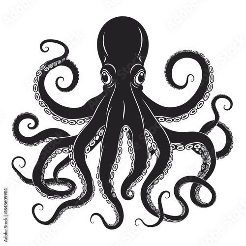 Black octopus silhouette and ornate floral vector design for a vintage tattoo pattern illustration
