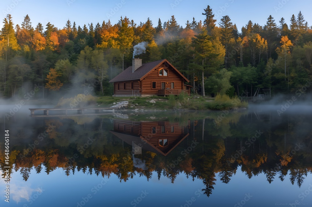 Obraz premium A beautiful log cabin on a lake, with reflections in the water.