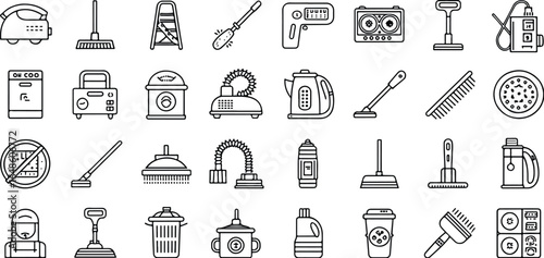 Collection of cleaning supplies and household items in minimalist line art style perfect for icons or patterns
