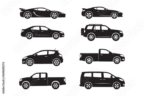 Car icon set silhouette vector art illustration on white background