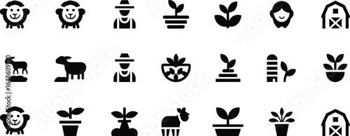 Black and white farm icons including sheep farmer plants barn and fruit agriculture farming