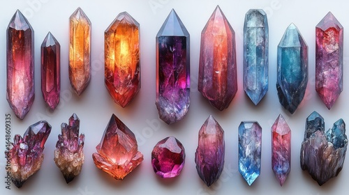 Colorful crystals arranged beautifully on a light background