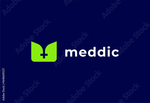 Logo letter M with symbol medical plus, Creative template for hospital and healthcare.