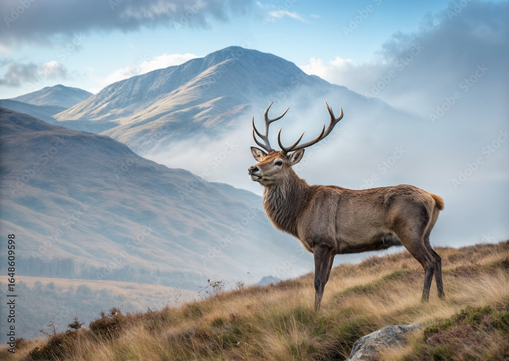 Fototapeta premium Majestic stag with impressive antlers standing in mountain meadow at golden hour. Perfect for nature calendars, wildlife conservation content, and rustic decor