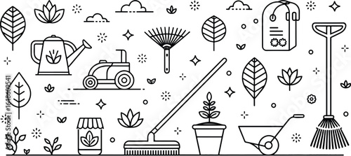 Gardening tools vector seamless pattern with line art elements featuring watering can lawnmower rake and wheelbarrow for background design