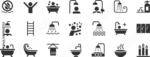 Collection of bathroom and hygiene icons showing showers baths and people bathtub water