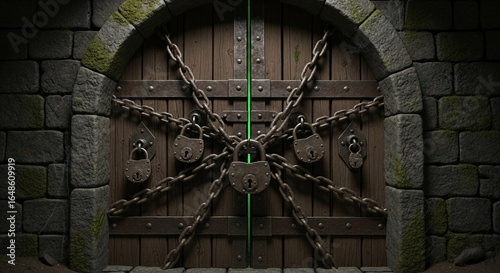 Unlocking ancient secrets behind a heavily locked wooden door with stone walls and mossy texture.