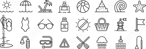 Collection of beach and summer vacation line art icons umbrella