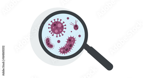 Magnifying Glass Showing Microscopic Viruses and Germs Illustrating Disease and Infection