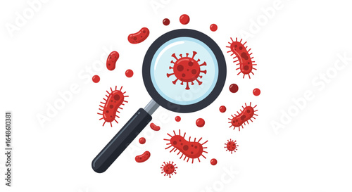 Magnifying Glass Examining Red Virus Cells and Bacteria on a White Background