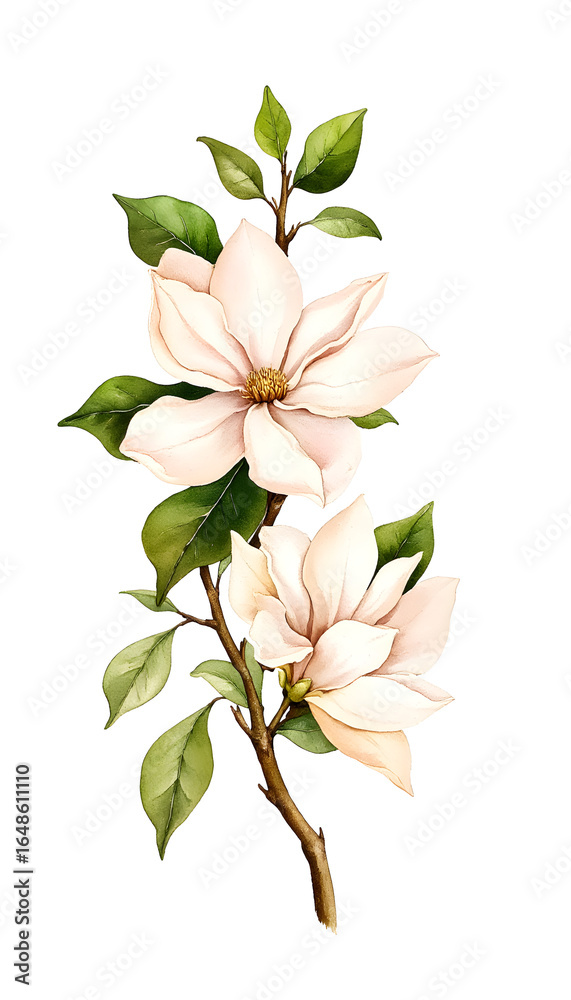 Obraz premium Soft pink magnolia flowers with green leaves on white background 
