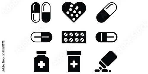 Collection of Simple Black and White Medical Icons: Pills, Capsules, Tablets, and Medicine Bottles.