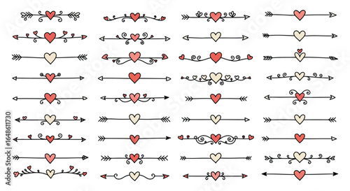 Hand Drawn Valentine s Day Dividers with Hearts for Romantic Design Projects