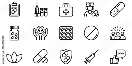 Healthcare Icon Set:  Modern Line Art Medical Symbols,  Pills, Syringes, First Aid,  Wellness,  Positive Feedback.