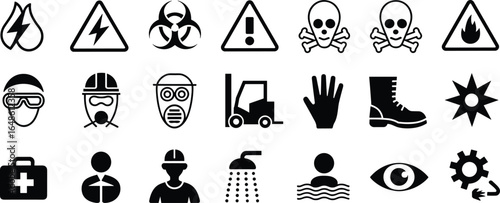 Collection of black safety and hazard warning icons  danger