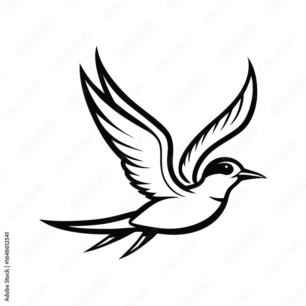 Fototapeta premium Elegant line art illustration of a tern bird gracefully gliding over calm water