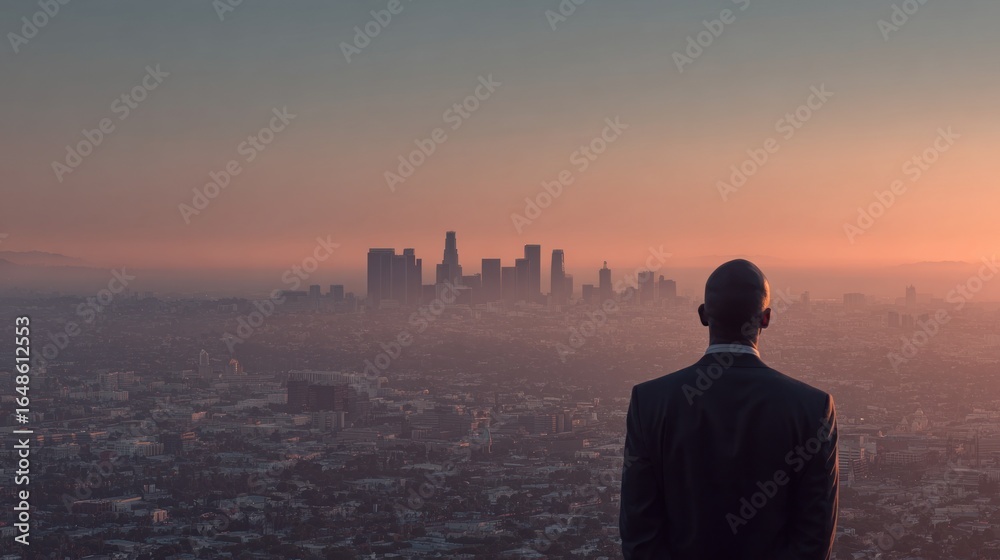 Fototapeta premium Urban Sunset: A Man Contemplates the Los Angeles Skyline