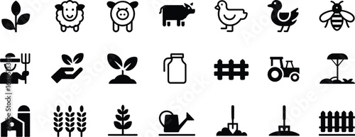 Collection of farm and agriculture icons including animals plants and equipment farming rural