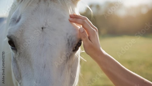 Human Hand Gently Petting White Horse Head 