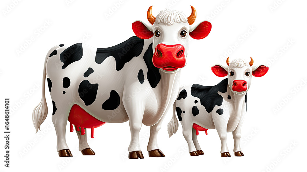 Obraz premium Dairy Delight: A captivating illustration captures a serene moment featuring a mother cow and her calf, embodying the essence of pastoral charm. 