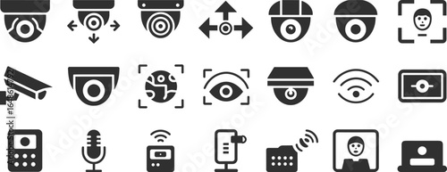 Collection of security and surveillance icons including cameras microphones and face recognition security camera