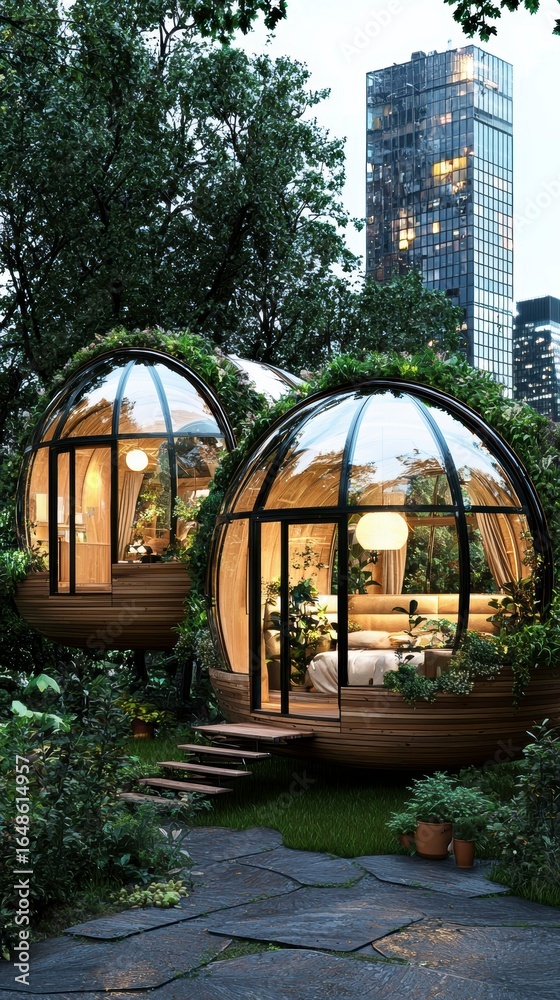 Obraz premium Luxurious Eco-Friendly Spherical Cabins in a Tranquil Garden Setting.