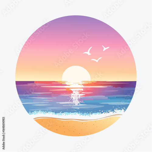 A vector illustration of a seaside sunset with a pastel glow in soft orange, pink, and light purple, featuring a watercolor texture, ideal for travel promotions.