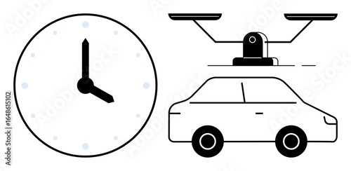 Clock, scale, and car represent punctuality, fairness, and transportation. Ideal for time management, fairness, mobility work-life balance efficiency decision-making productivity. Simple flat