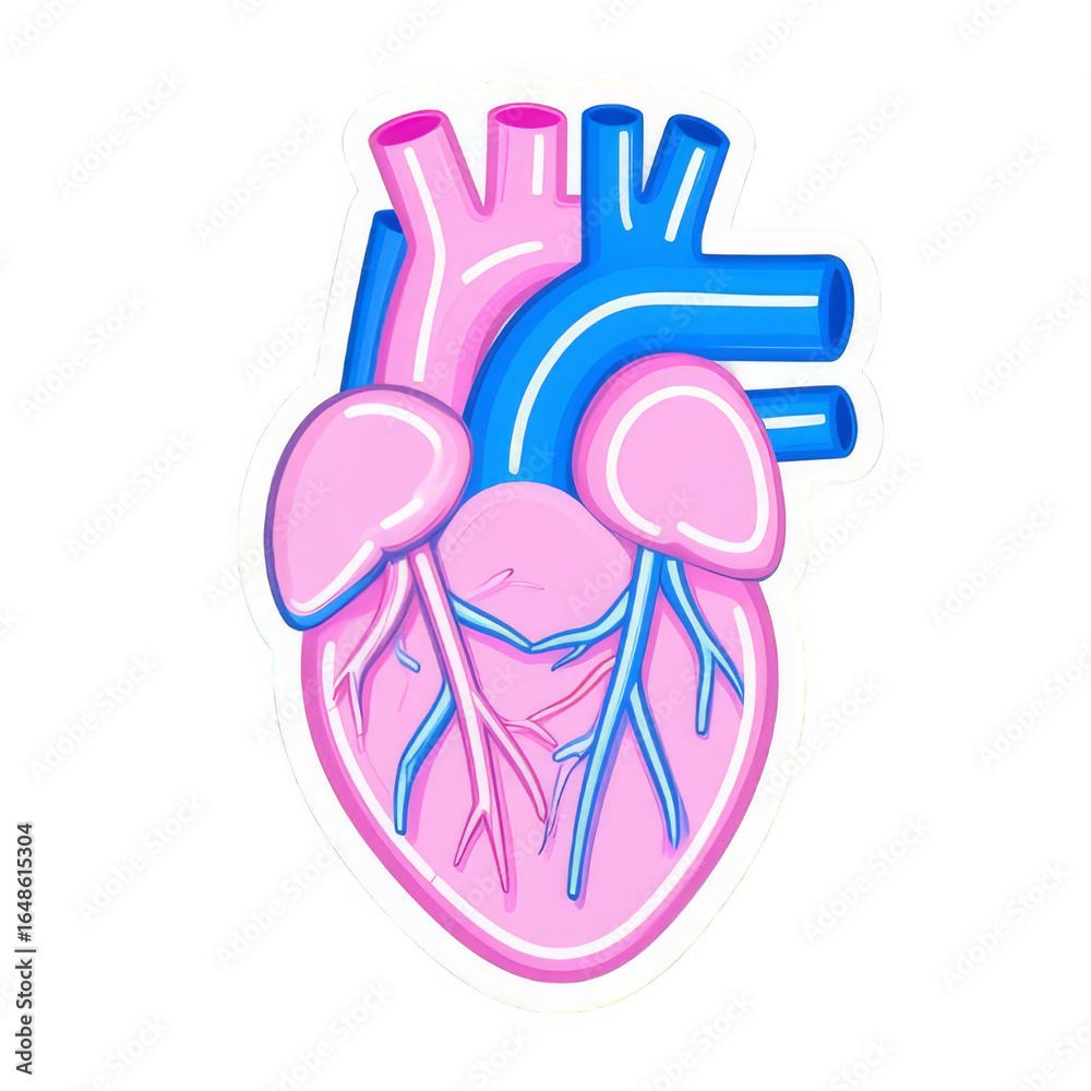 Fototapeta premium Vibrant Neon Anatomical Heart Sticker Illustration in Pink and Blue