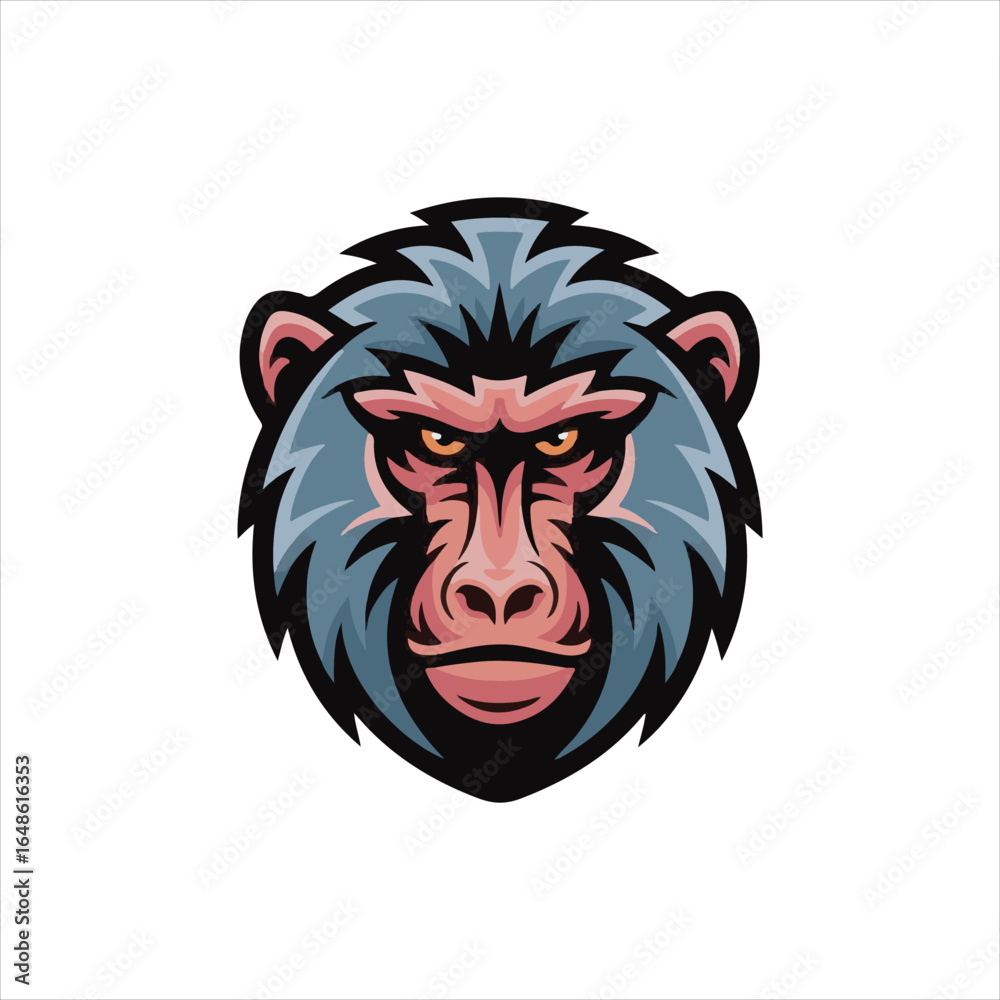 Fototapeta premium Angry Baboon Head Vector Illustration,Wild Baboon Mascot Head Design,Cartoon Baboon Face Logo Template,Fierce Baboon Animal Head Artwork,Detailed Baboon Head Vector Drawing,Baboon Head Esports Logo
