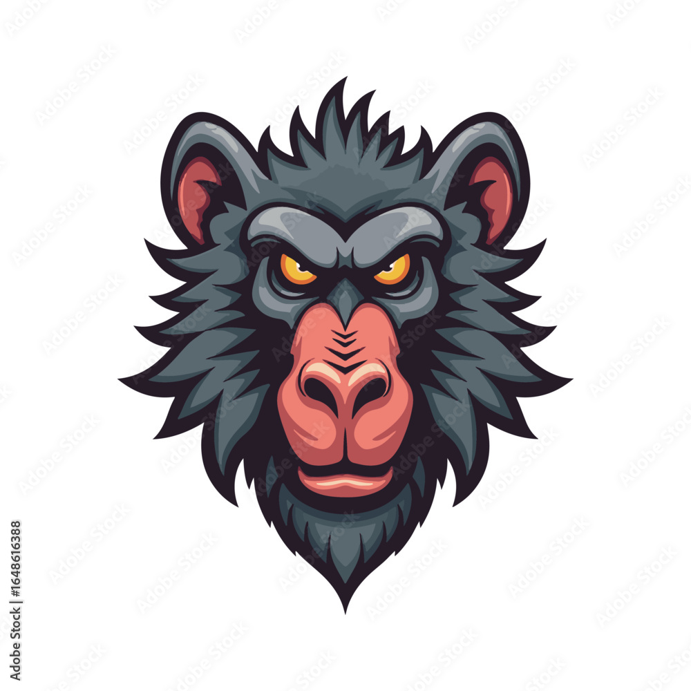 Obraz premium Angry Baboon Head Vector Illustration,Wild Baboon Mascot Head Design,Cartoon Baboon Face Logo Template,Fierce Baboon Animal Head Artwork,Detailed Baboon Head Vector Drawing,Baboon Head Esports Logo