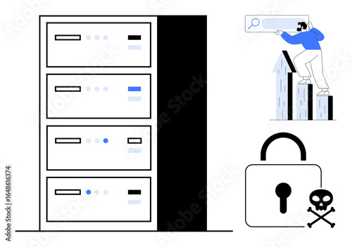 Data servers alongside a person exploring digital search, padlock with skull warning. Ideal for cybersecurity, data storage, hacking risks, privacy, encryption, IT management digital threats. Simple